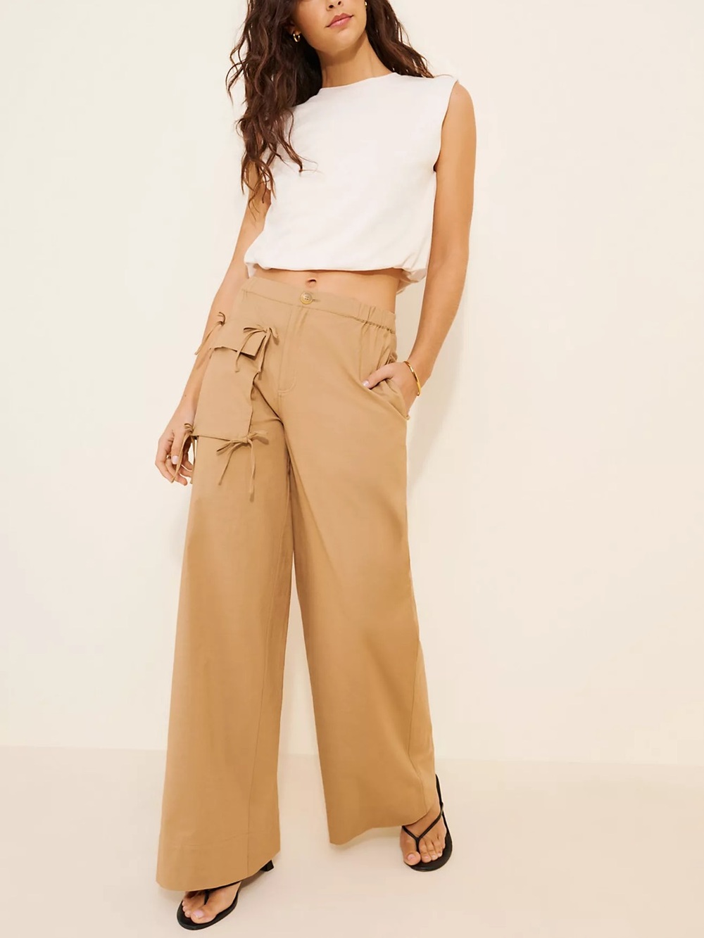 Find Me Now Cargo Bow Pants Wide Leg Tan Pull On Size XL